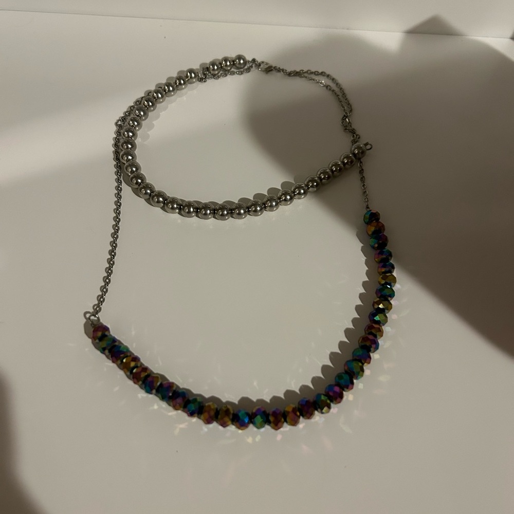 Double loop Iridescent and Silver necklace